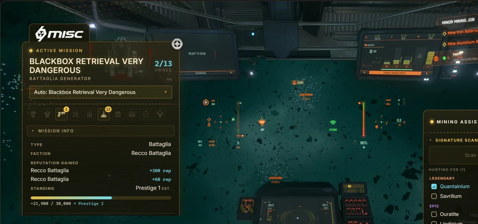 SC Overlay running over Star Citizen — the blueprint tracker and mining assistant wearing the MISC skin in a Prospector cockpit